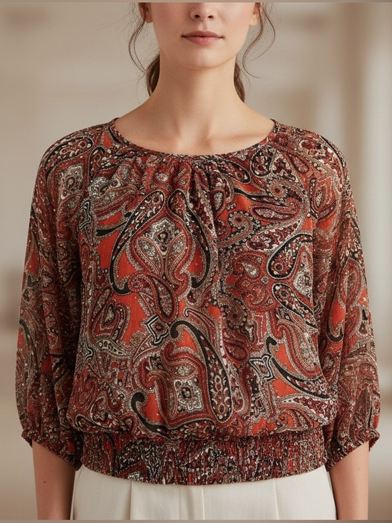 Cathy Daniels Tops - Cathy Daniels Gold bling Red Paisley blouse Scoop Neck quarter Sleeve Size Large